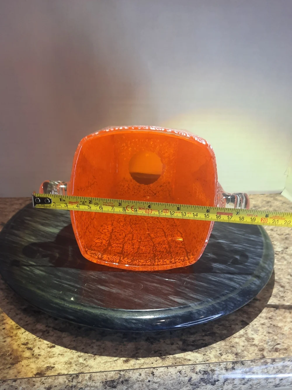 Orange Amberina Art Glass Ice Bucket with Clear Handles